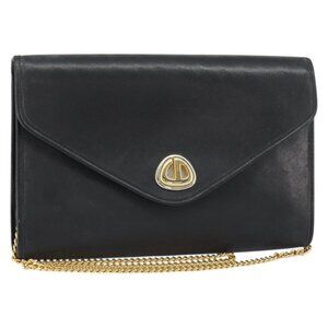 Authentic Christian Dior Chain Shoulder Bag Leather Black Gold